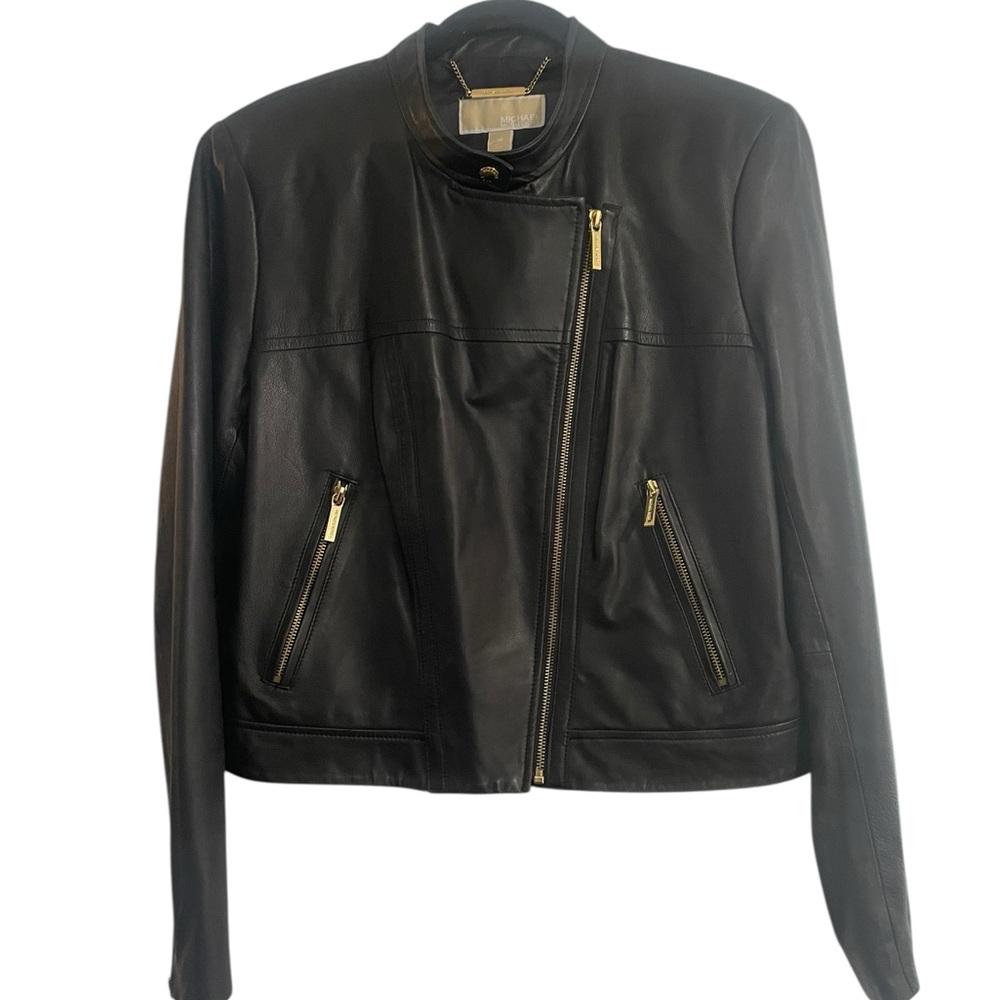 MICHAEL Michael Kors Black Leather Jacket with Gold Accents